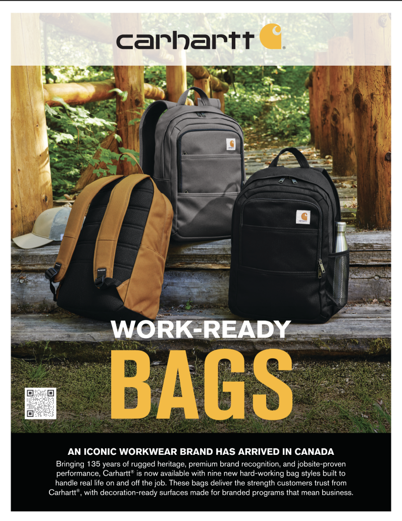 Carhartt Work-Ready Bags catalog cover — three branded backpacks in brown, grey, and black displayed outdoors
