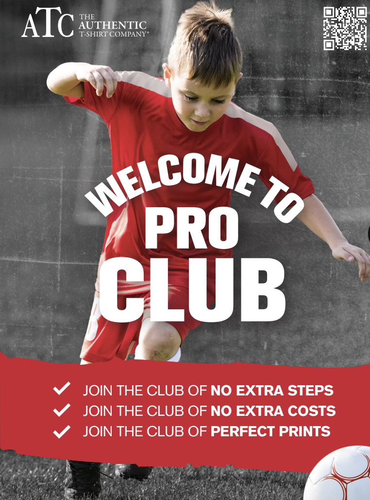 ATC Pro Club team uniform catalog cover — young soccer player in a red jersey kicking a ball