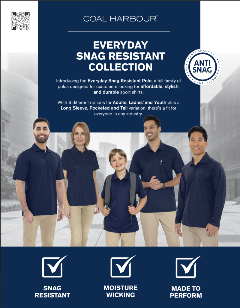 Coal Harbour Everyday Snag Resistant Collection catalog cover — group of adults and a child wearing navy polo shirts