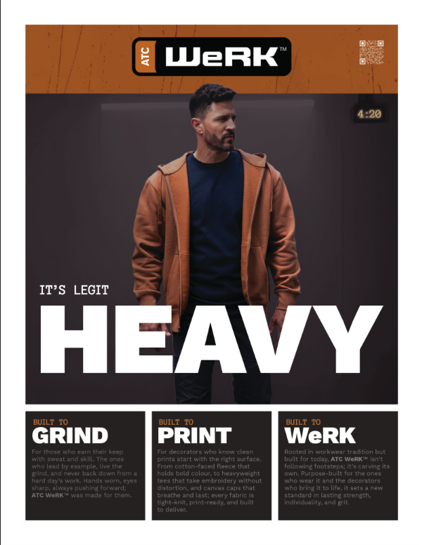 ATC WERK heavyweight apparel catalog cover — man wearing a brown zip-up hoodie and navy t-shirt