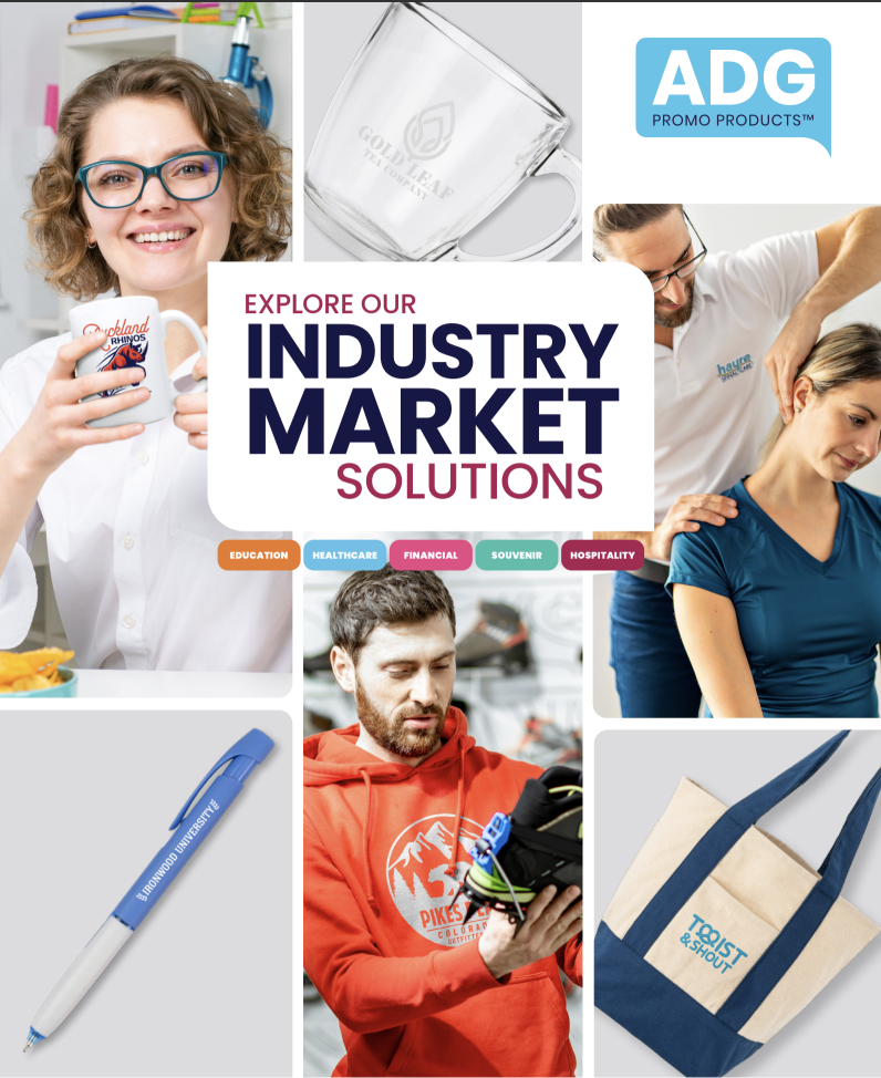 ADG Promo Products catalog cover — grid of industry photos including branded mugs, pens, tote bags, and apparel