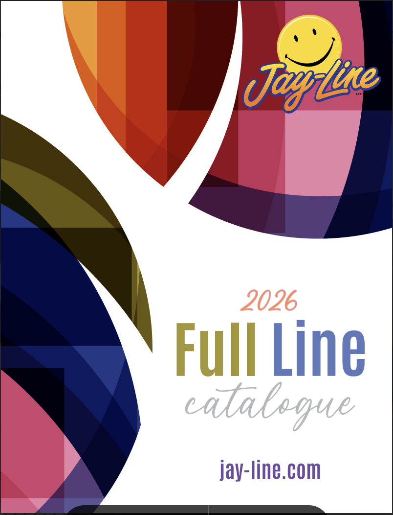 Jay-Line 2026 Full Line promotional products catalog cover — colourful geometric design with bold typography