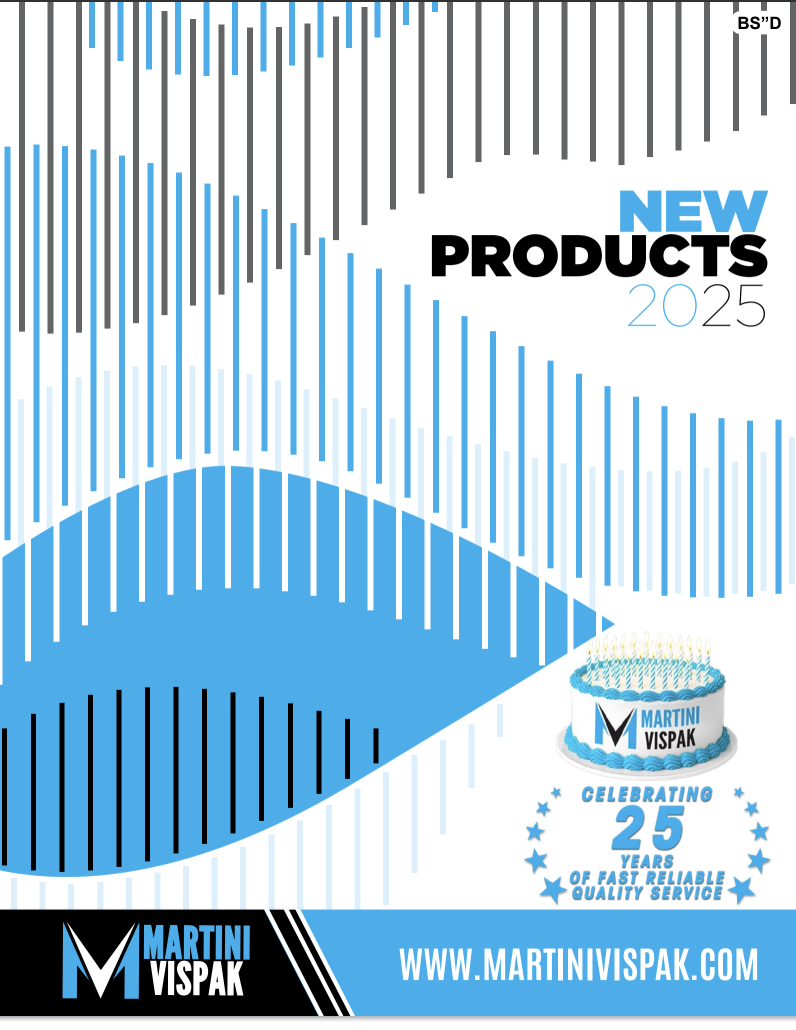 Martini Vispak New Products 2025 catalog cover — celebrating 25 years of service, blue and white graphic design