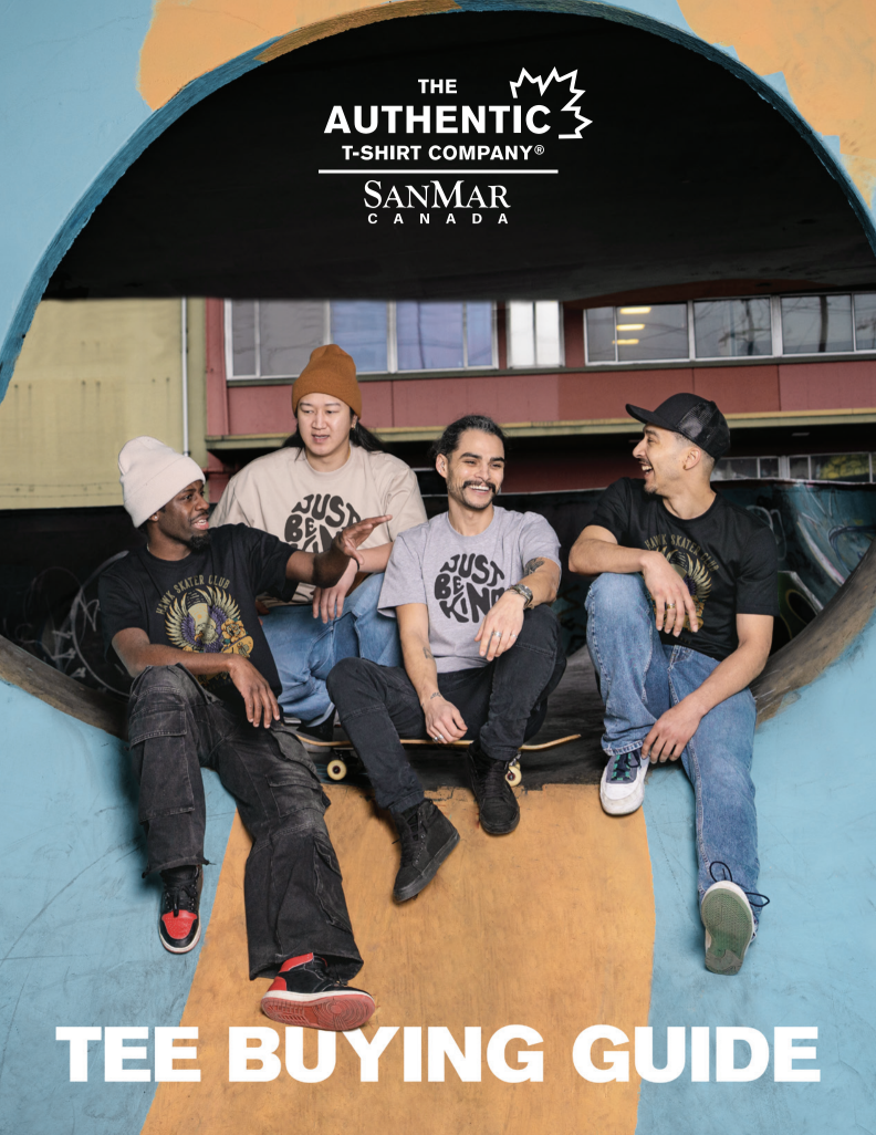 SanMar Canada Tee Buying Guide cover — four friends wearing custom printed t-shirts at a skate park