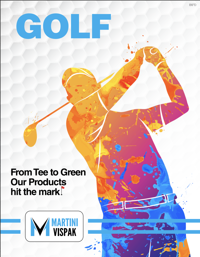 Martini Vispak golf catalog cover — colourful illustration of a golfer mid-swing