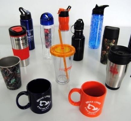 bottles glasses and mugs with prints