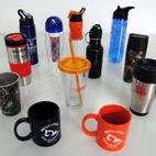 bottles glasses and mugs with prints